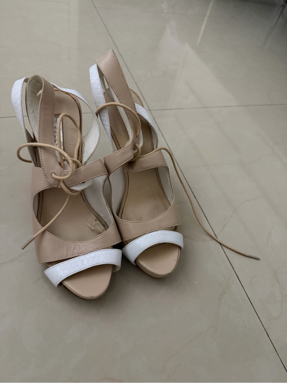 Guess Beige and White Lace-Up Peep-Toe Women’s Sandals